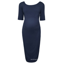 Kate Kasin Women Comfortable Half Sleeve Crew Neck Navy Blue Cotton Maternity Party Dress KK000502-2